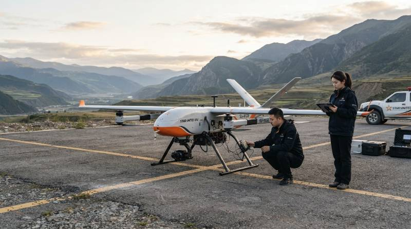 Heavy-lift industrial VTOL fixed-wing drone standing on a remote tarmac prepared for mission launch