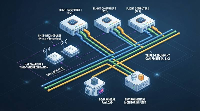  System architecture block diagram illustrating a Triple-Redundant CAN-FD bus layout and Hardware PPS Time-Synchronization system across three flight computers, dual GNSS-RTK modules, an EO/IR gimbal payload, and an environmental monitoring unit.