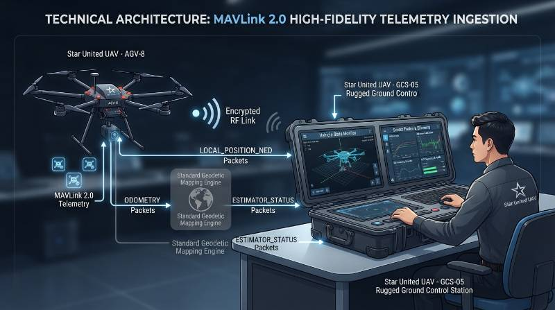 Technical architectural diagram showing MAVLink 2.0 telemetry ingestion from an industrial UAV into a dual-screen ruggedized ground station, illustrating data pipelines for LOCAL_POSITION_NED, ODOMETRY, and ESTIMATOR_STATUS packets bypassing WGS-84 mapping engines.