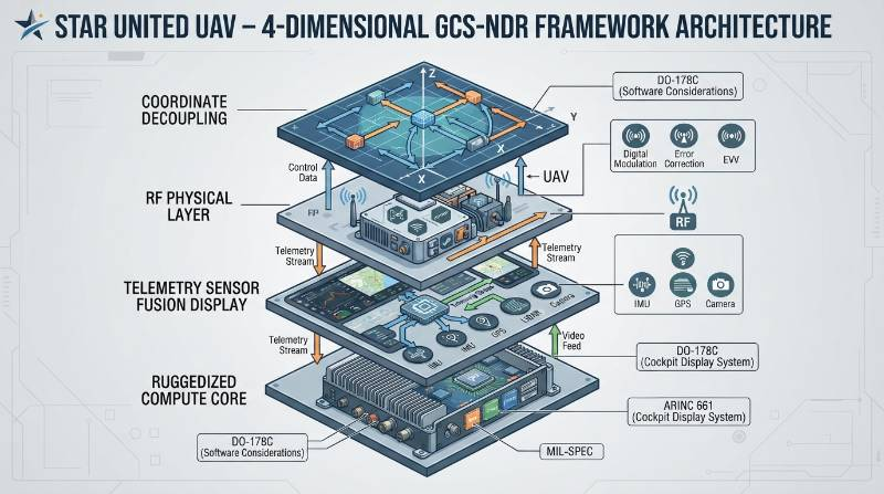 Technical schematic showing the 4-Dimensional GCS-NDR Framework architecture: Coordinate Decoupling, RF Physical Layer, Telemetry Sensor Fusion Display, and Ruggedized Compute Core, labeled with industrial avionics standards.