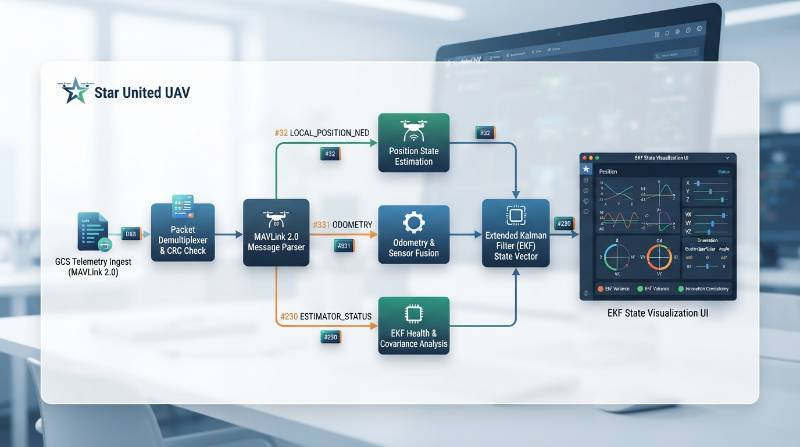 Detailed dataflow diagram showing MAVLink 2.0 packet parsing inside a GCS architecture: MAVLink #32 (LOCAL_POSITION_NED), #331 (ODOMETRY), and #230 (ESTIMATOR_STATUS) driving an Extended Kalman Filter state visualization UI.
