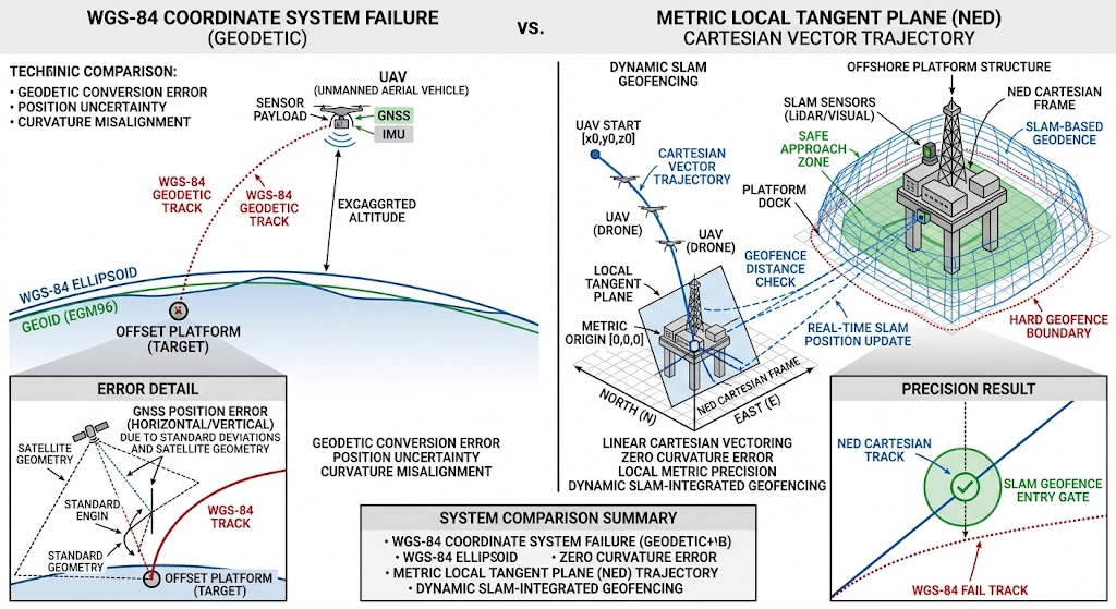 Schematic diagram comparing WGS-84 coordinate system failure against a metric Local Tangent Plane (NED) Cartesian vector trajectory around an offshore platform structure, including dynamic SLAM geofencing.