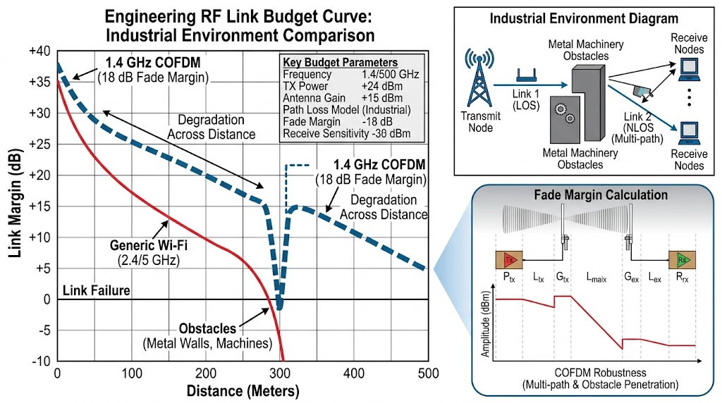 Engineering RF link budget curve showing link margin degradation across distance and obstacles in an industrial environment, contrasting generic Wi-Fi against 1.4 GHz COFDM with 18 dB fade margin.