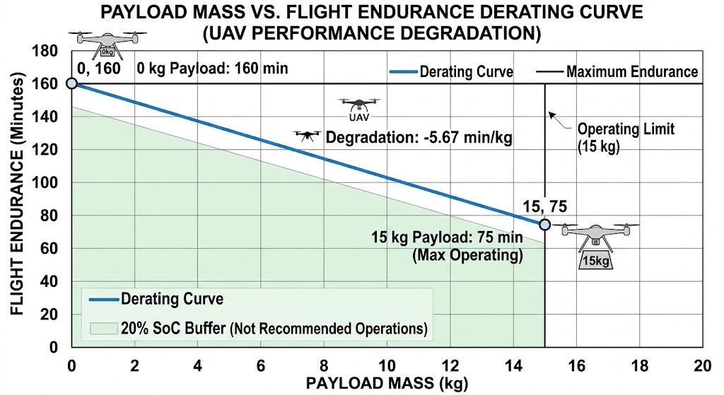 Payload mass vs flight endurance derating curve line graph