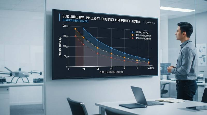 Technical engineering chart displaying aerodynamic payload versus endurance derating curves for a VTOL UAV across sea level, 3,000m, and 4,500m MSL elevations, with axes labeled in kilograms and flight minutes.