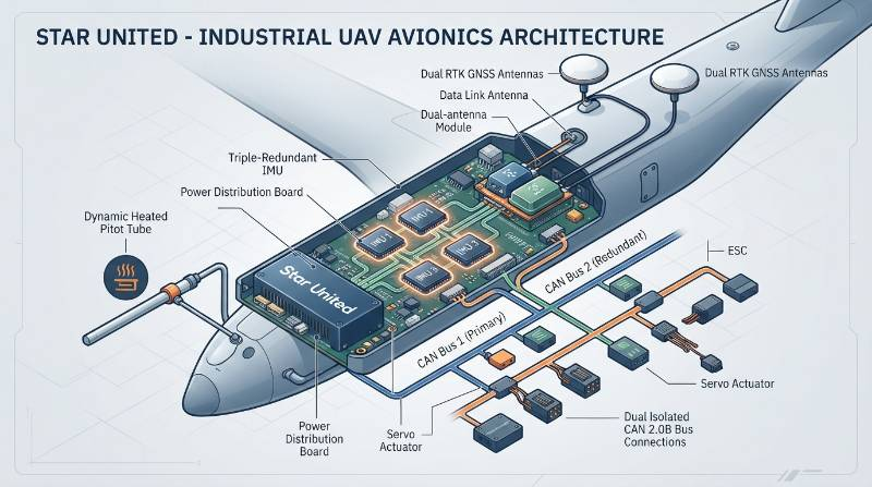 Detailed technical architectural schematic illustrating triple-redundant IMU, dynamic heated pitot tube, dual RTK GNSS antennas, and dual isolated CAN 2.0B bus connections inside an industrial UAV avionics bay.