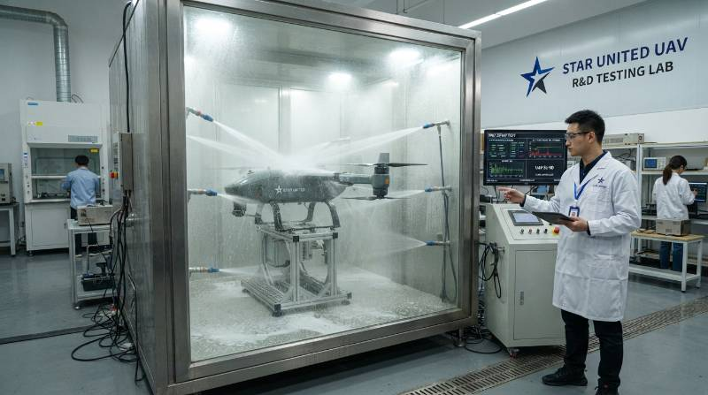 Industrial test laboratory photograph showing a high-altitude VTOL UAV undergoing an IP67 water ingress jet spray test and salt-fog environmental exposure testing per IEC 60529 and MIL-STD-810H.