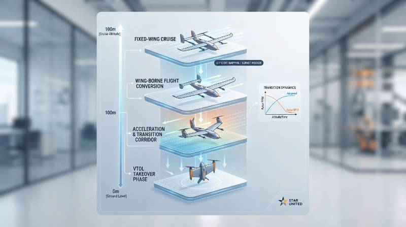 Transition corridor aerodynamic flowchart illustrating VTOL climb to fixed-wing cruise conversion