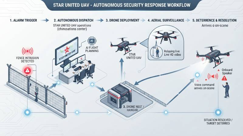 Infographic diagram showing autonomous drone dispatch workflow from fence intrusion alarm to target deterrence