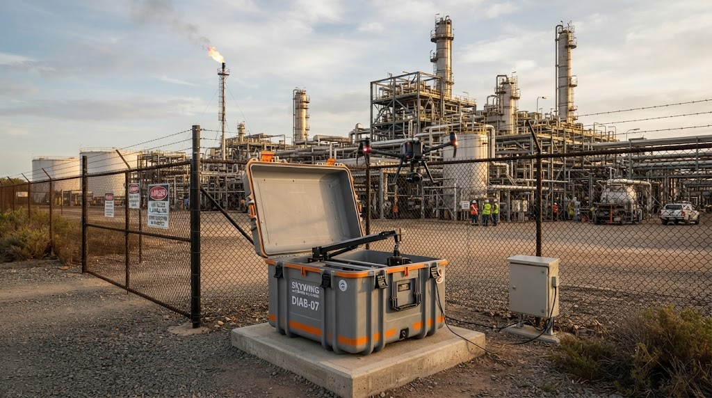 Drone in a Box system deployed next to an industrial refinery fence line launching a drone