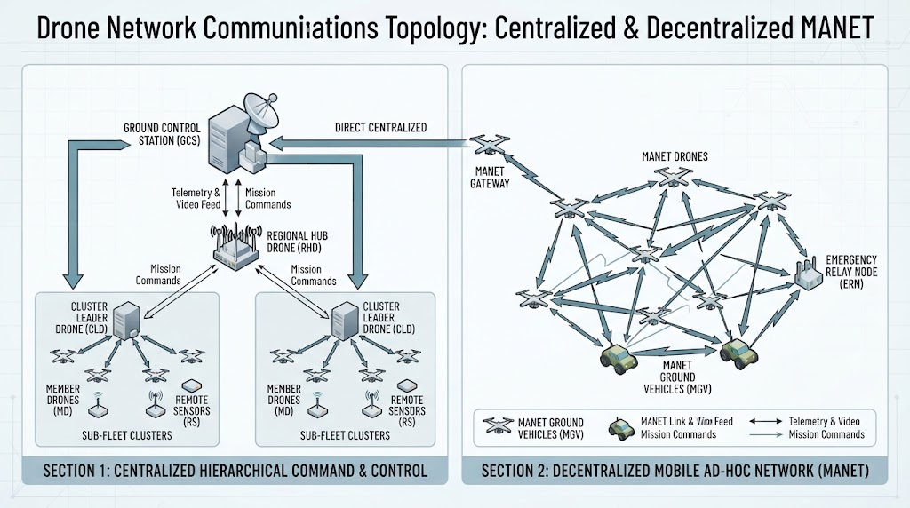 Network topology diagram showing centralized hierarchical and decentralized MANET drone communications