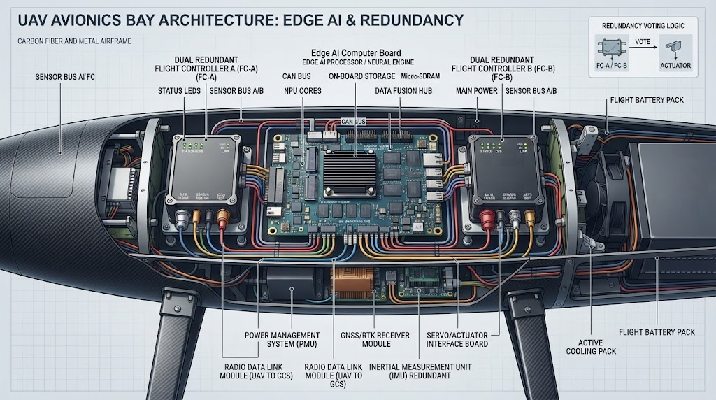 Avionics bay cutaway showing edge AI computer board and dual redundant flight controllers
