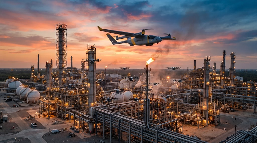 Fixed-wing VTOL drone flying above a swarm of industrial quadcopters over an oil refinery