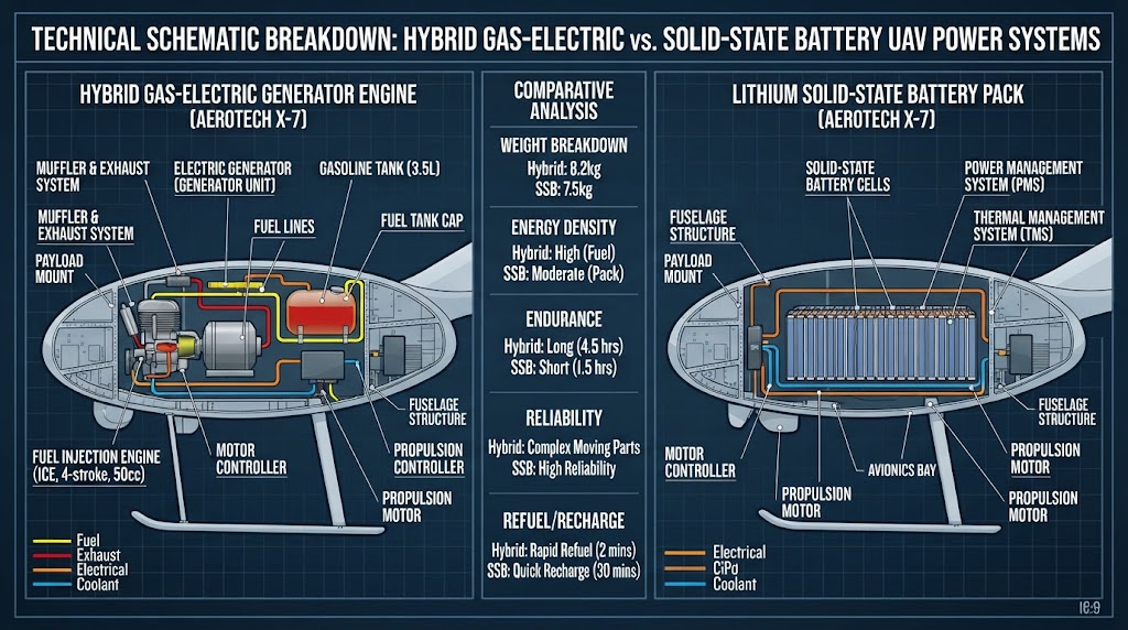 Technical schematic breakdown comparing hybrid gas electric generator engine with lithium solid state battery pack inside UAV fuselage