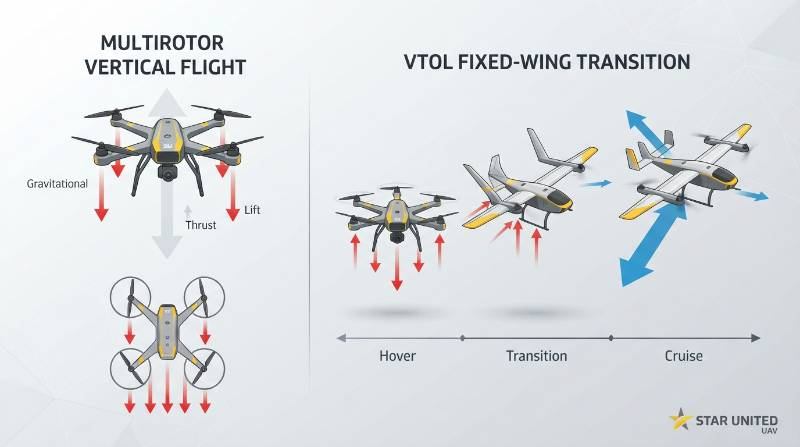 Aerodynamic diagram comparing multirotor vertical thrust vectors with VTOL fixed-wing wing lift transition flight vectors
