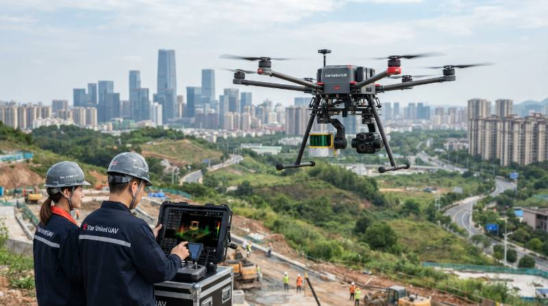 Heavy lift multirotor drone carrying high-grade industrial LiDAR and dual optical thermal gimbal payload