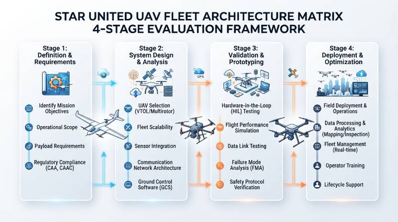 Technical flowchart showing the Star United UAV Fleet Architecture Matrix 4-stage evaluation framework