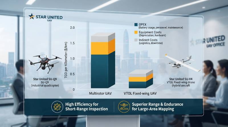 Financial chart showing total cost of ownership per kilometer comparison between multirotor and VTOL fixed wing UAV