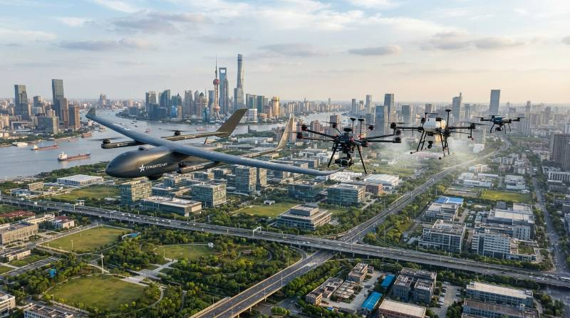 Fleet of mixed fixed-wing and multirotor commercial drones flying in coordination