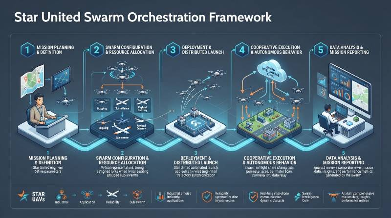 Engineering diagram showing the five stages of the Star United Swarm Orchestration Framework