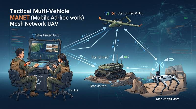 Tactical multi-vehicle MANET mesh network diagram connecting aerial drone ground rover and robot dog to rugged GCS