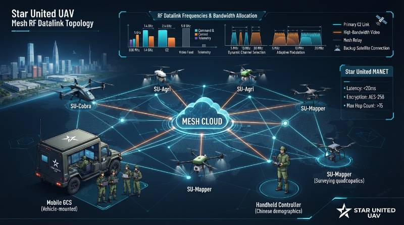 Technical network topology chart showing tactical MANET mesh RF datalink frequencies and bandwidth allocation