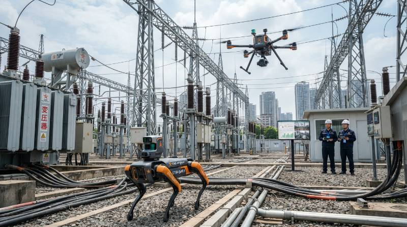 Quadruped robot dog and aerial drone operating together inside an industrial power utility substation