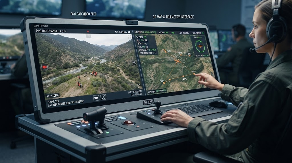 Unified GCS touchscreen workstation showing split screen payload video and 3D map telemetry interface