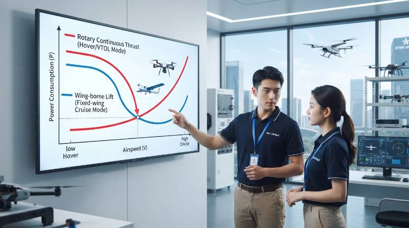 Aerodynamic power curve graph comparing wing-borne lift against rotary continuous thrust energy consumption