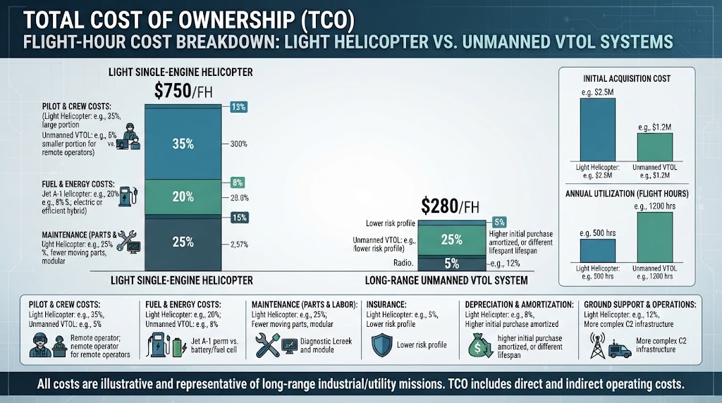 TCO flight-hour cost breakdown chart comparing light helicopter against unmanned VTOL systems