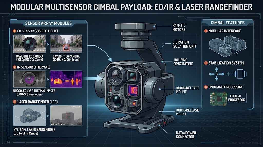 Modular multisensor drone gimbal payload displaying EO IR and laser rangefinder sensors