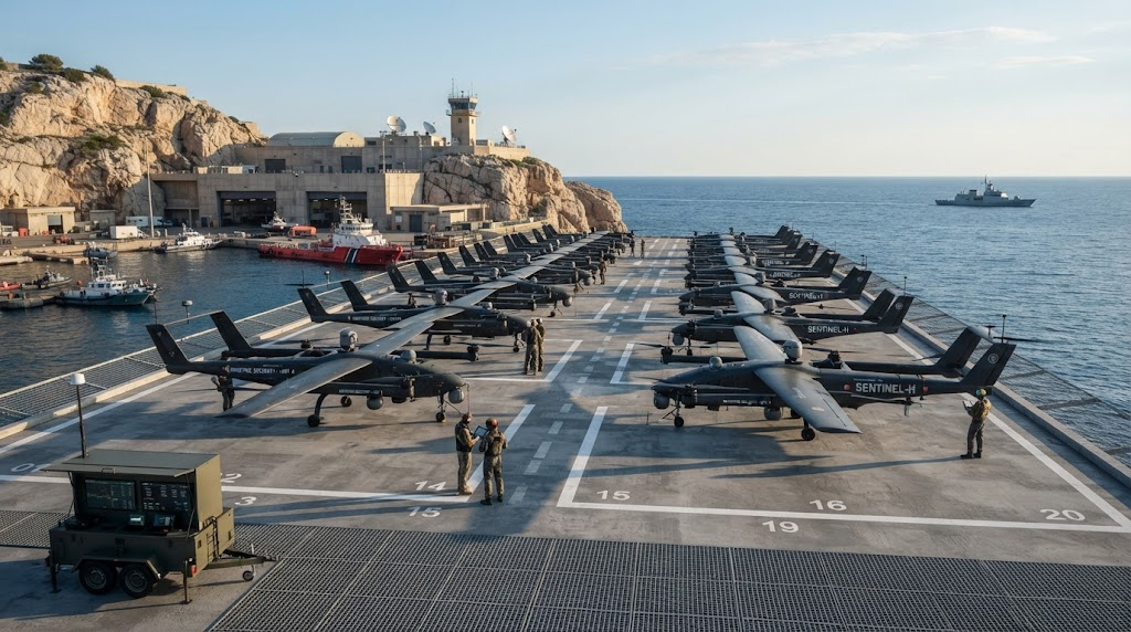 Fleet of tactical hybrid VTOL UAVs lined up for maritime security base deployment