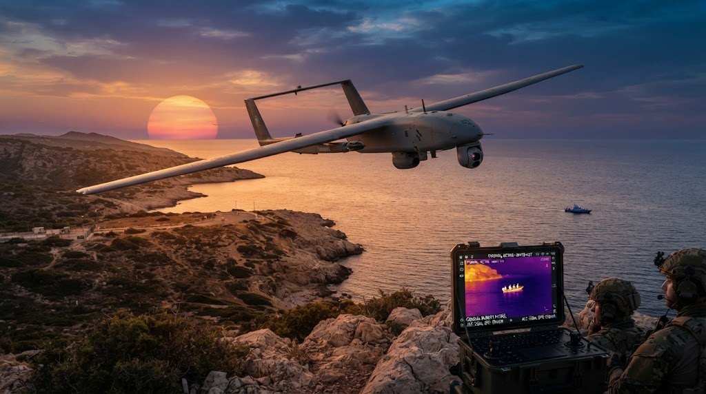 Tactical VTOL fixed wing UAV conducting coastal border surveillance during sunset with thermal camera active