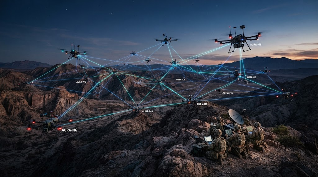 Tactical drone swarm forming autonomous decentralized mesh network over rugged tactical terrain