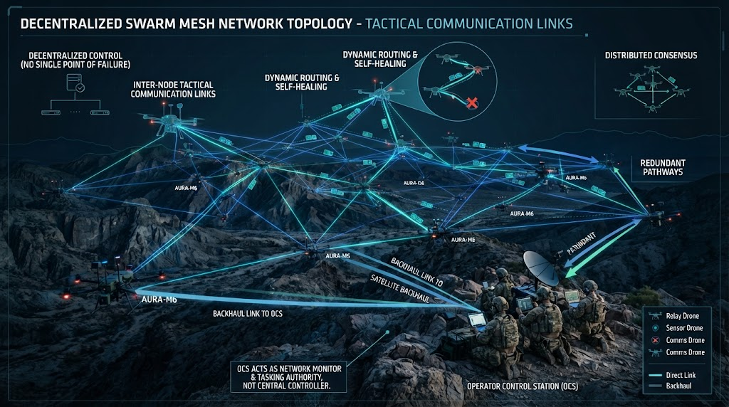 Decentralized Swarm Mesh Network Topology Diagram showing inter-node tactical communication links