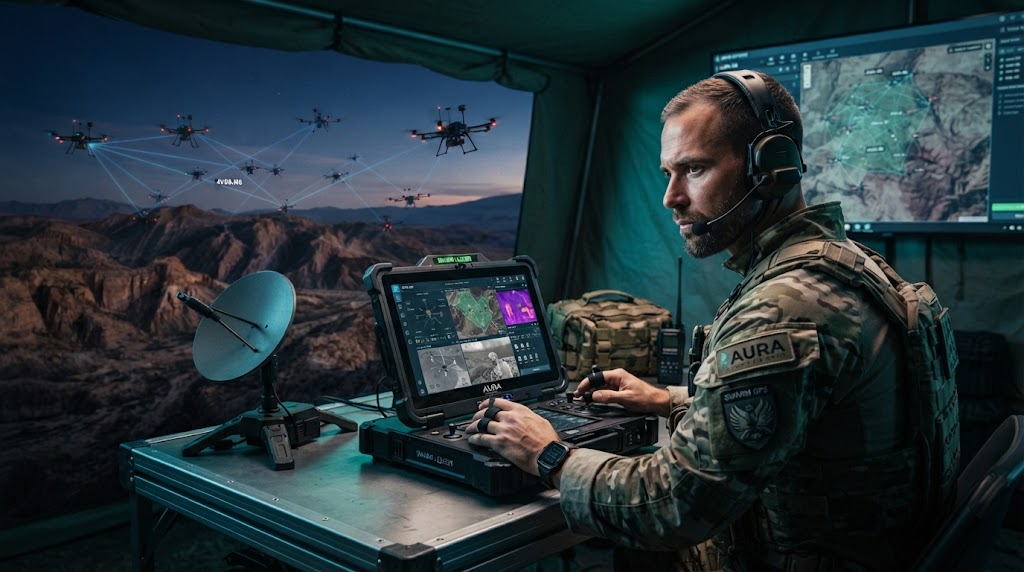 Single defense operator using rugged tactical tablet GCS commanding autonomous drone fleet