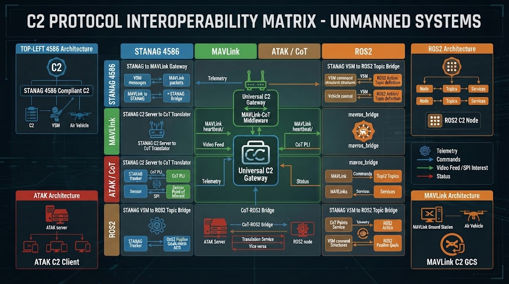 C2 Protocol Interoperability Matrix diagram showing STANAG 4586 MAVLink ATAK and ROS2 architectures