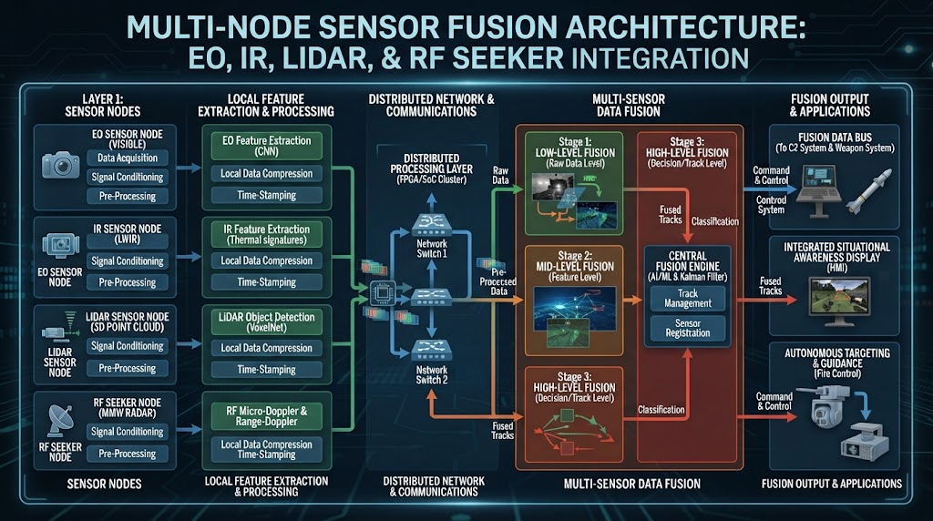 Multi Node Sensor Fusion Architecture Flowchart with EO IR LiDAR and RF Seeker inputs