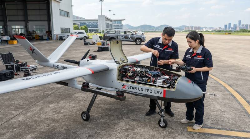 30kg MTOW industrial hybrid VTOL drone standing on tarmac with avionics bay exposed