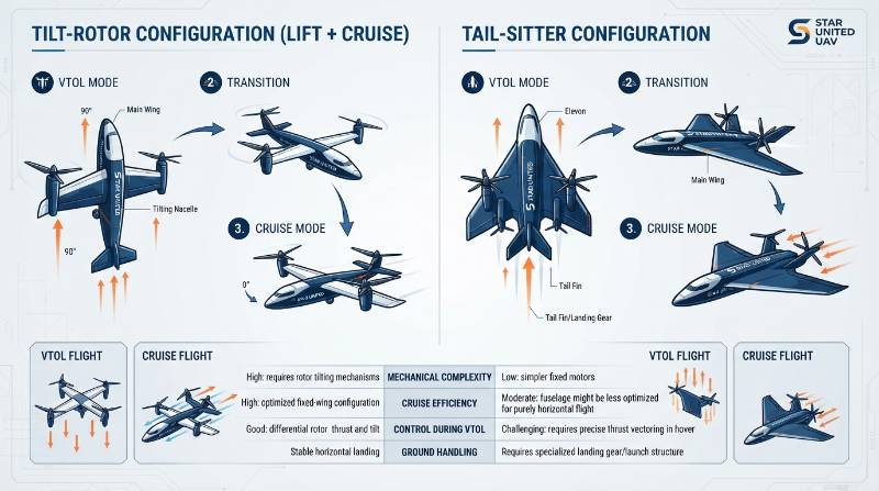 technical schematic comparing lift and cruise tilt rotor and tail sitter VTOL airframes