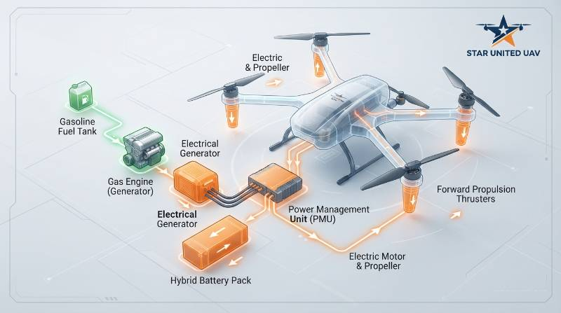 diagram showing gas electric hybrid drone propulsion powertrain and energy flow to electric thrusters