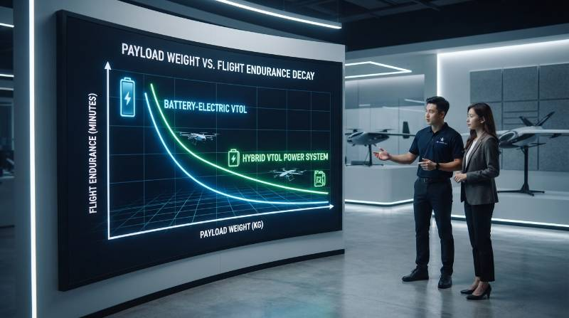 graph displaying payload weight vs flight endurance decay curve for electric and hybrid VTOL drones