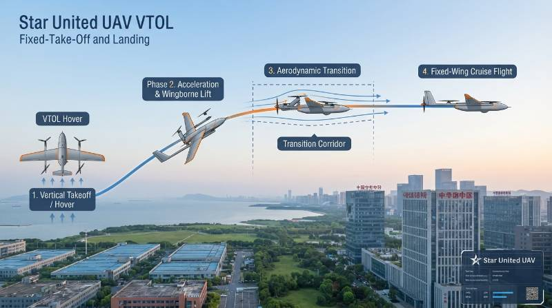 flight trajectory diagram illustrating VTOL hover to fixed wing aerodynamic transition phase