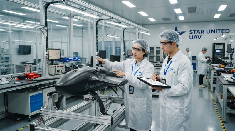 Industrial drone manufacturing cleanroom with engineers inspecting carbon fiber airframes under precision lighting