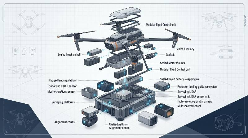 Exploded CAD diagram of dual IP67 drone enclosure and modular payload smart dock interface