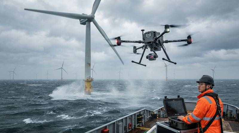 Industrial multirotor drone operating near offshore wind turbines in high winds and heavy sea spray
