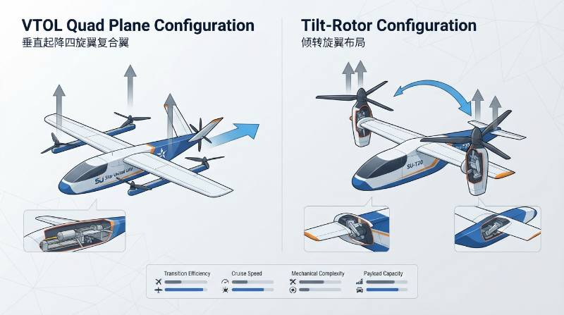 Quad plane VTOL layout versus tilt rotor drone aerodynamics diagram comparison