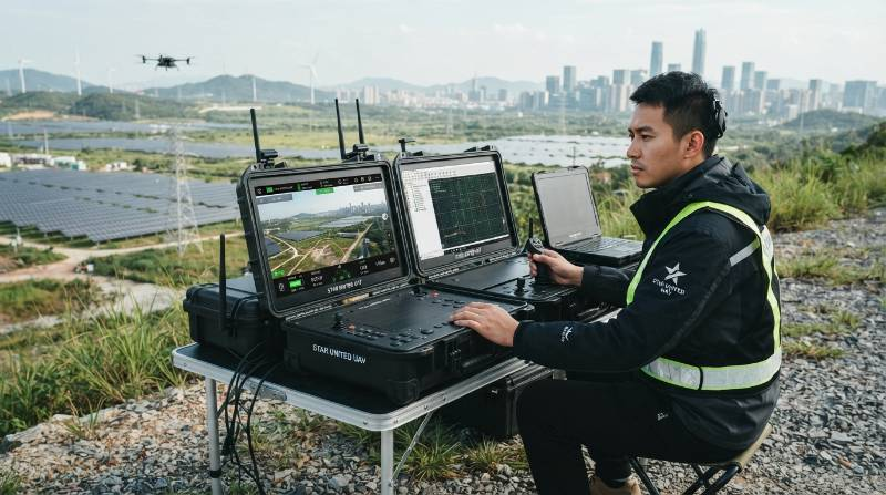 Industrial drone operator monitoring dual screen rugged ground control station console outdoors