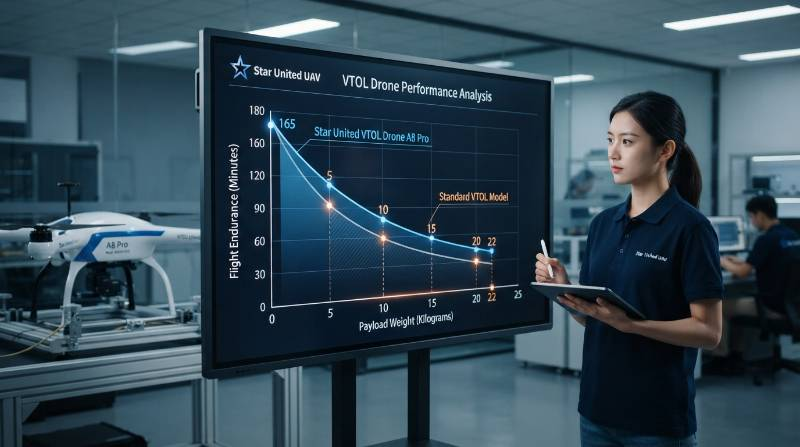Technical payload weight versus flight time endurance degradation graph for VTOL drones