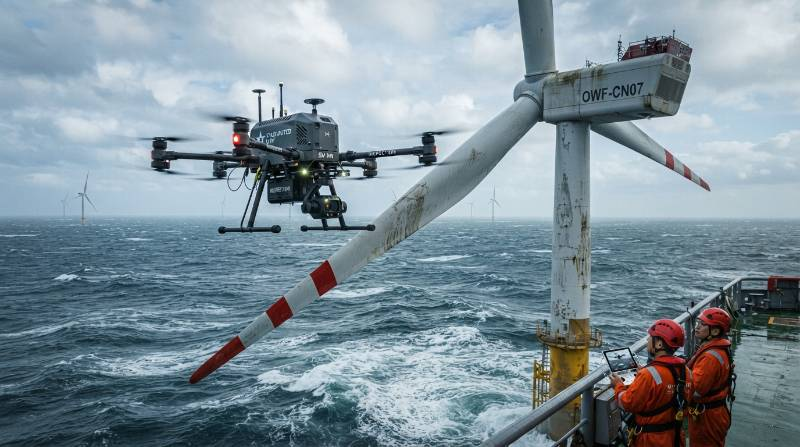 Heavy lift inspection drone operating near offshore wind turbine in rough ocean conditions